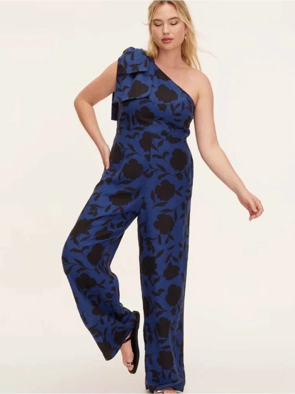 Kate Spade One-Shoulder Blue & Black Floral Jumpsuit Sz 4